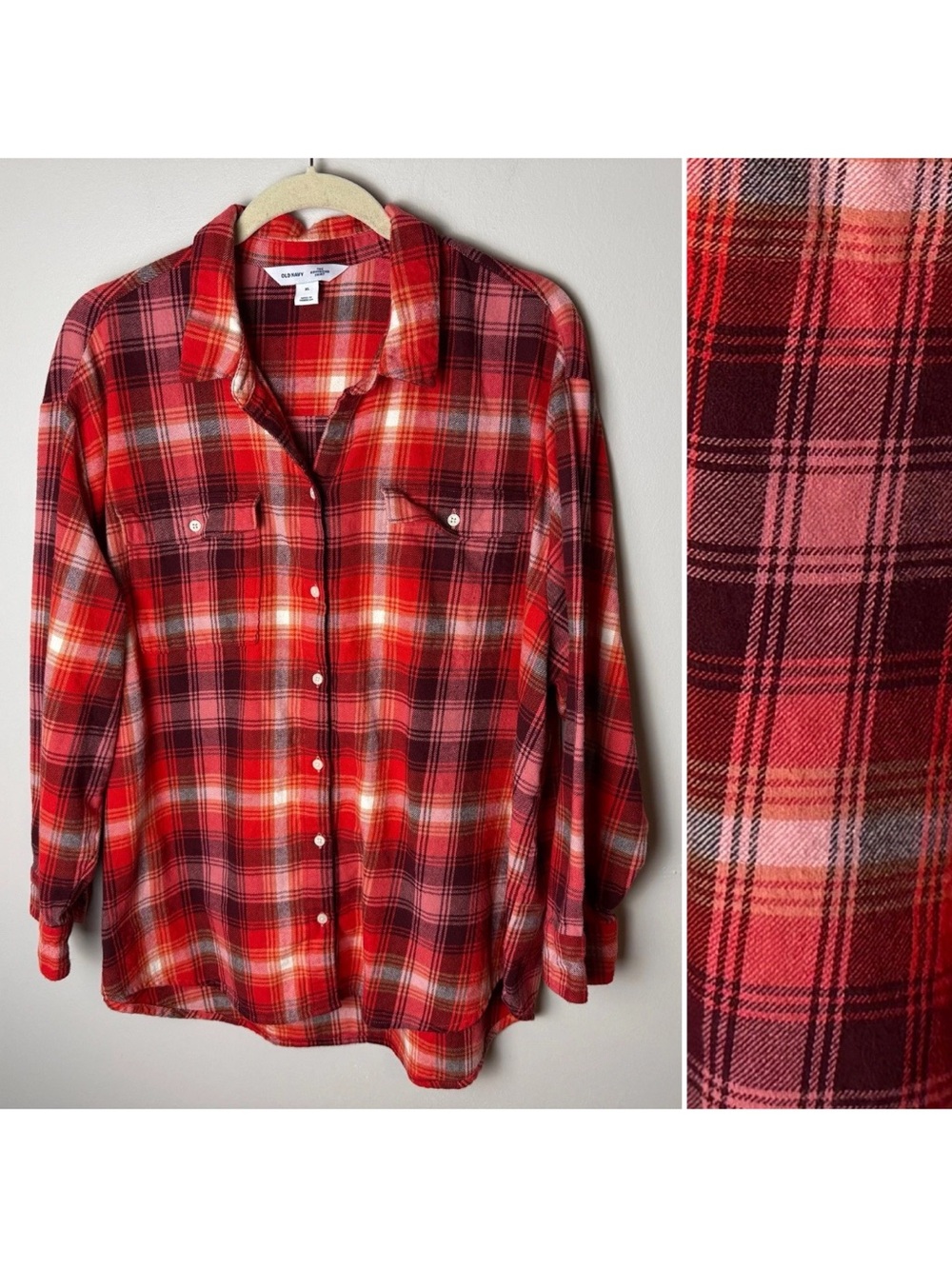 Old Navy The Boyfriend Shirt Size XL Red Pink Plaid Flannel Button Up Cotton Lo
